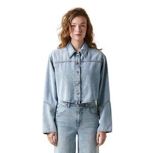 15. LE JEAN Denim Swing Cropped Shirt Jacket $298 NWT XS